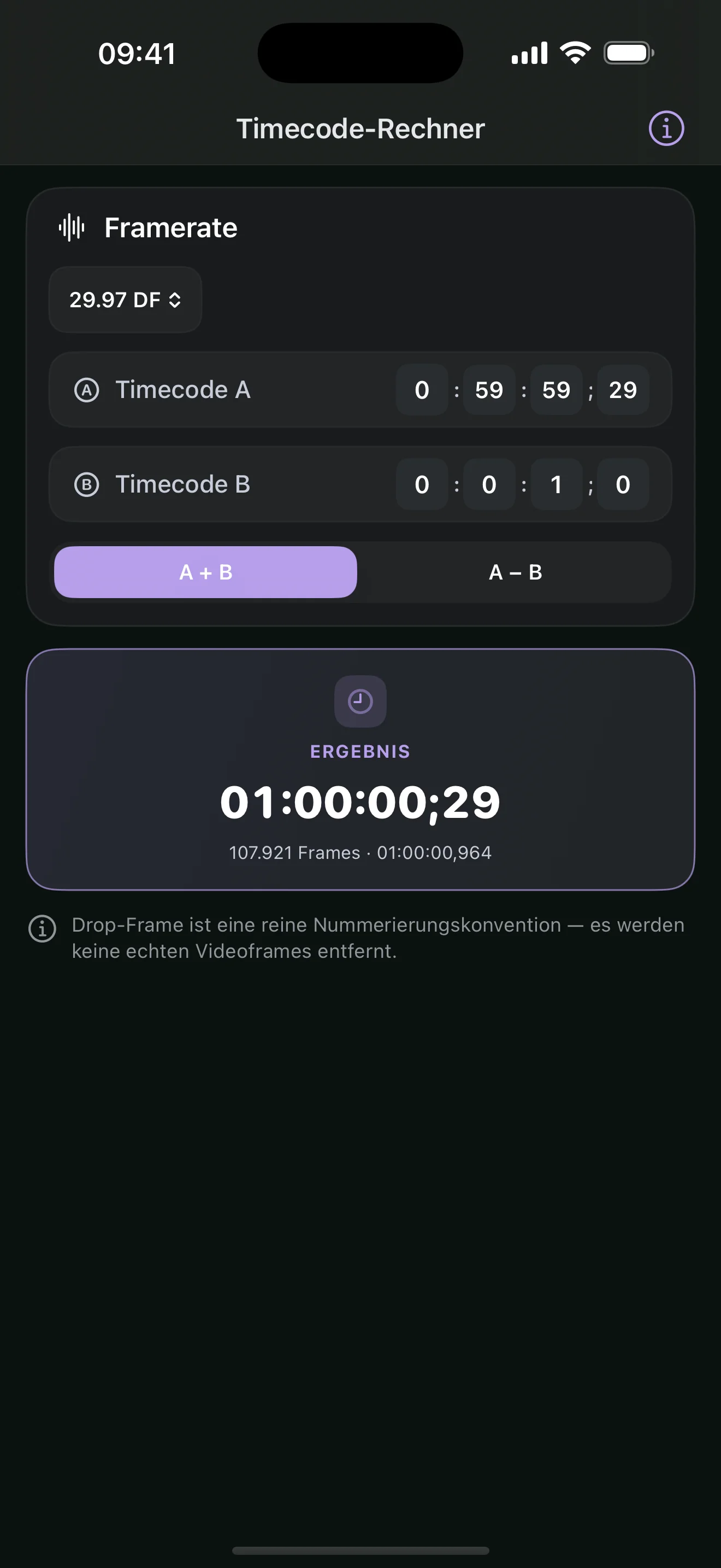 Timecode-Rechner: 29,97 DF · 01:00:00;29